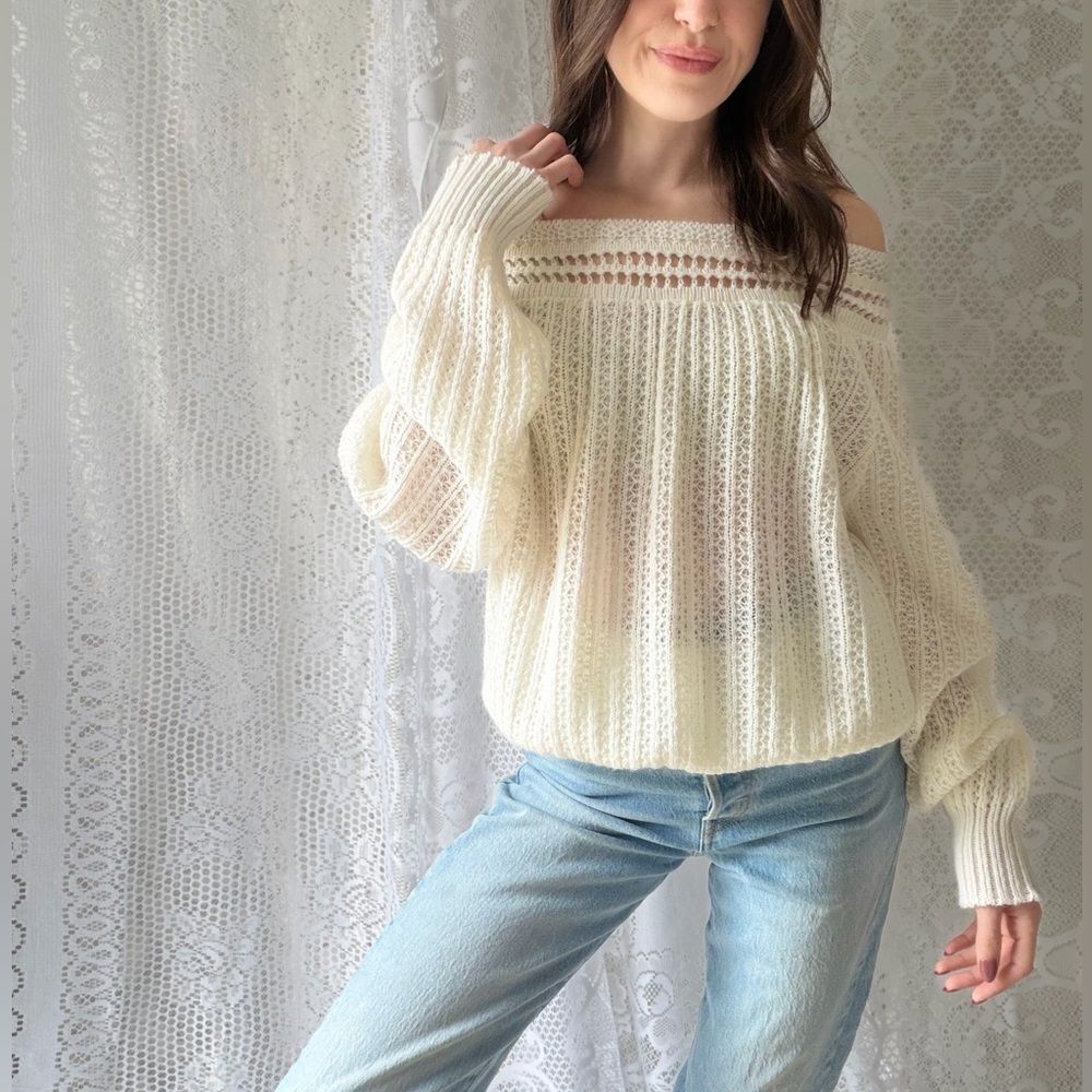 Vintage Cream Off Shoulder Knit Sweater Cottagecore Balloon Sleeve Soft